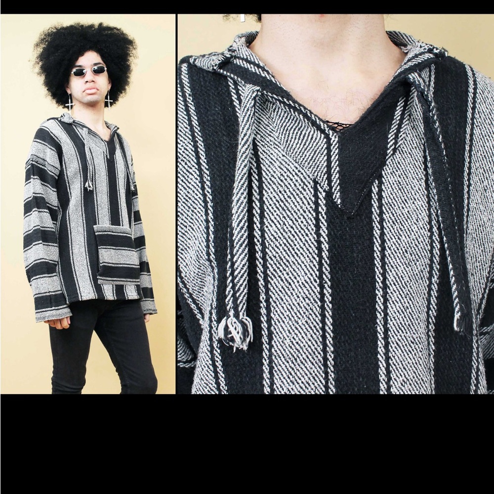 VTGs BAJA Mexico PonchoHooded Pullover Retro Mexican textile Rare-Stripe-EUC-SzL